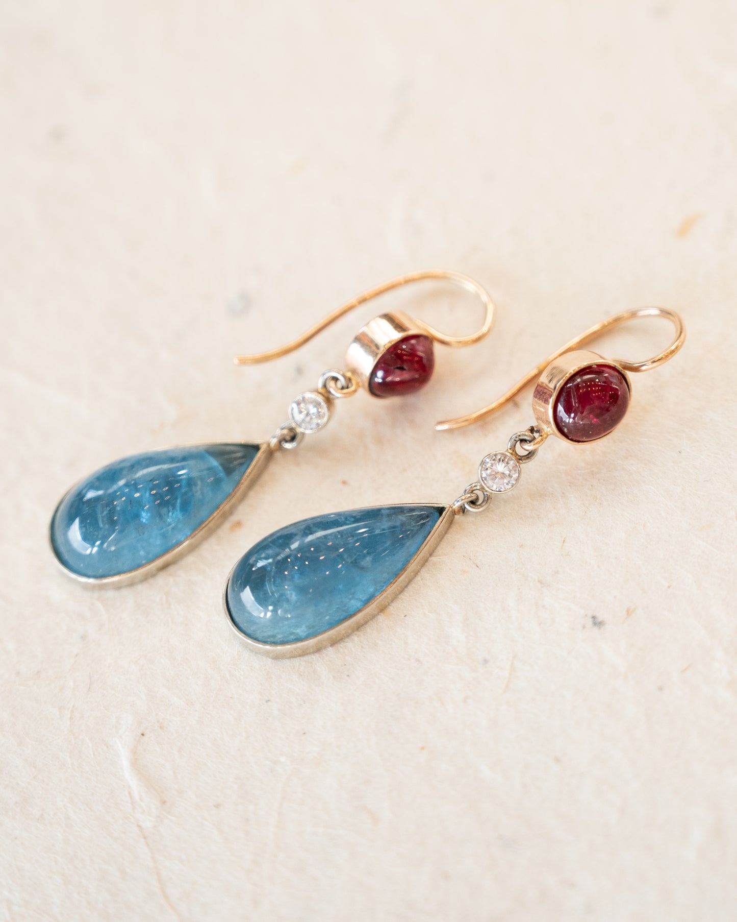 21.94 Aquamarine, Ruby, Diamond Dangle Earrings 14k