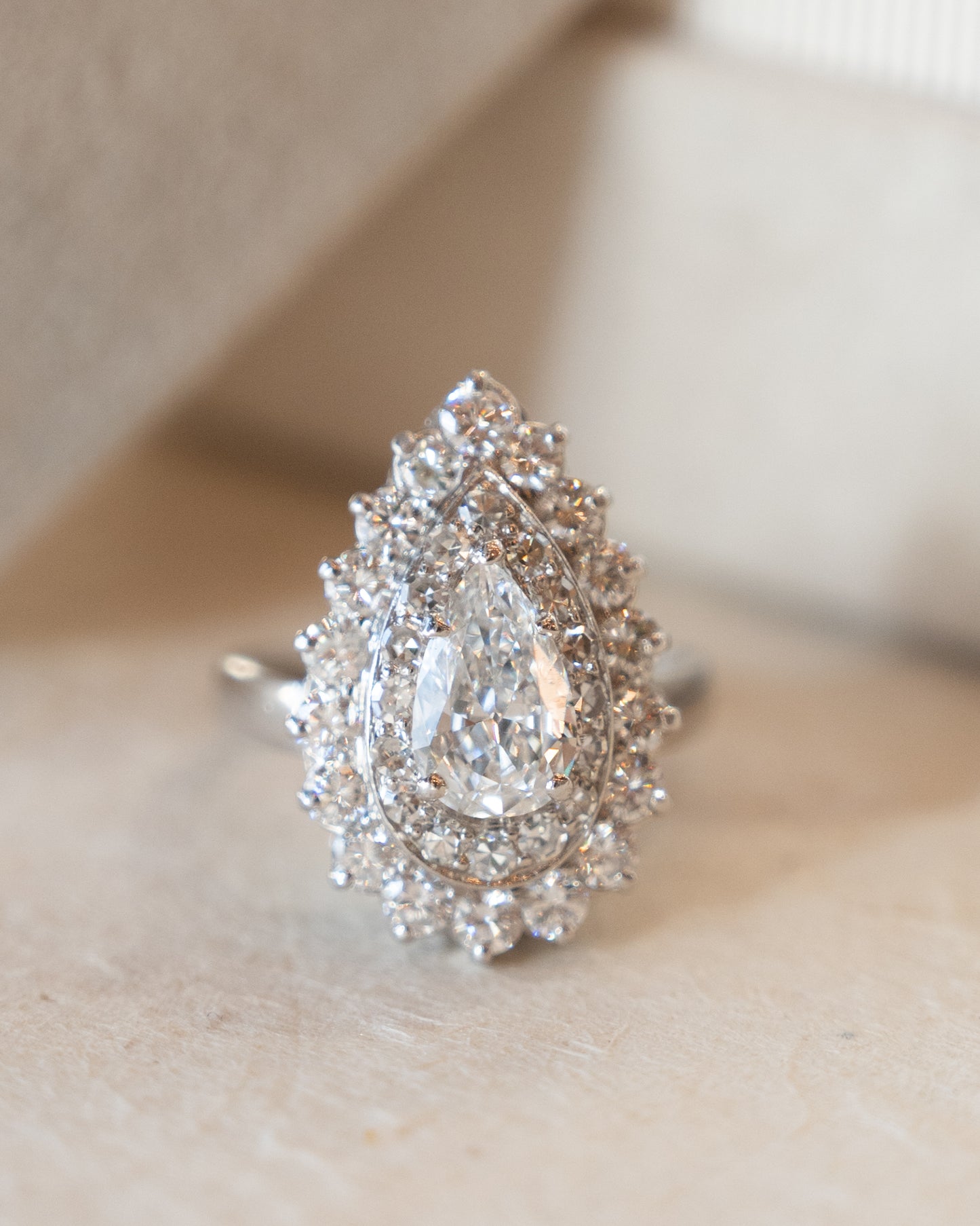 .90 Vintage Pear Diamond Halo Cocktail Ring Platinum