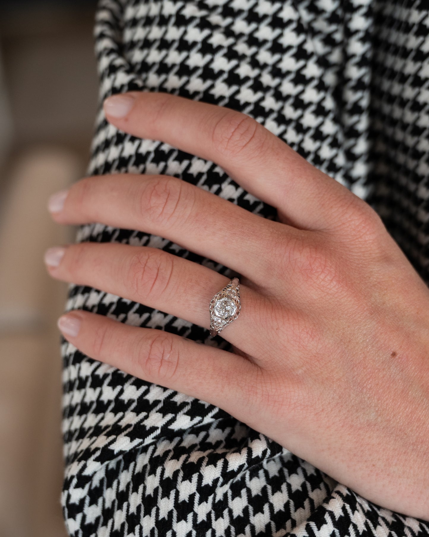 .35 Antique Filigree Diamond Engagement Ring 18k White Gold