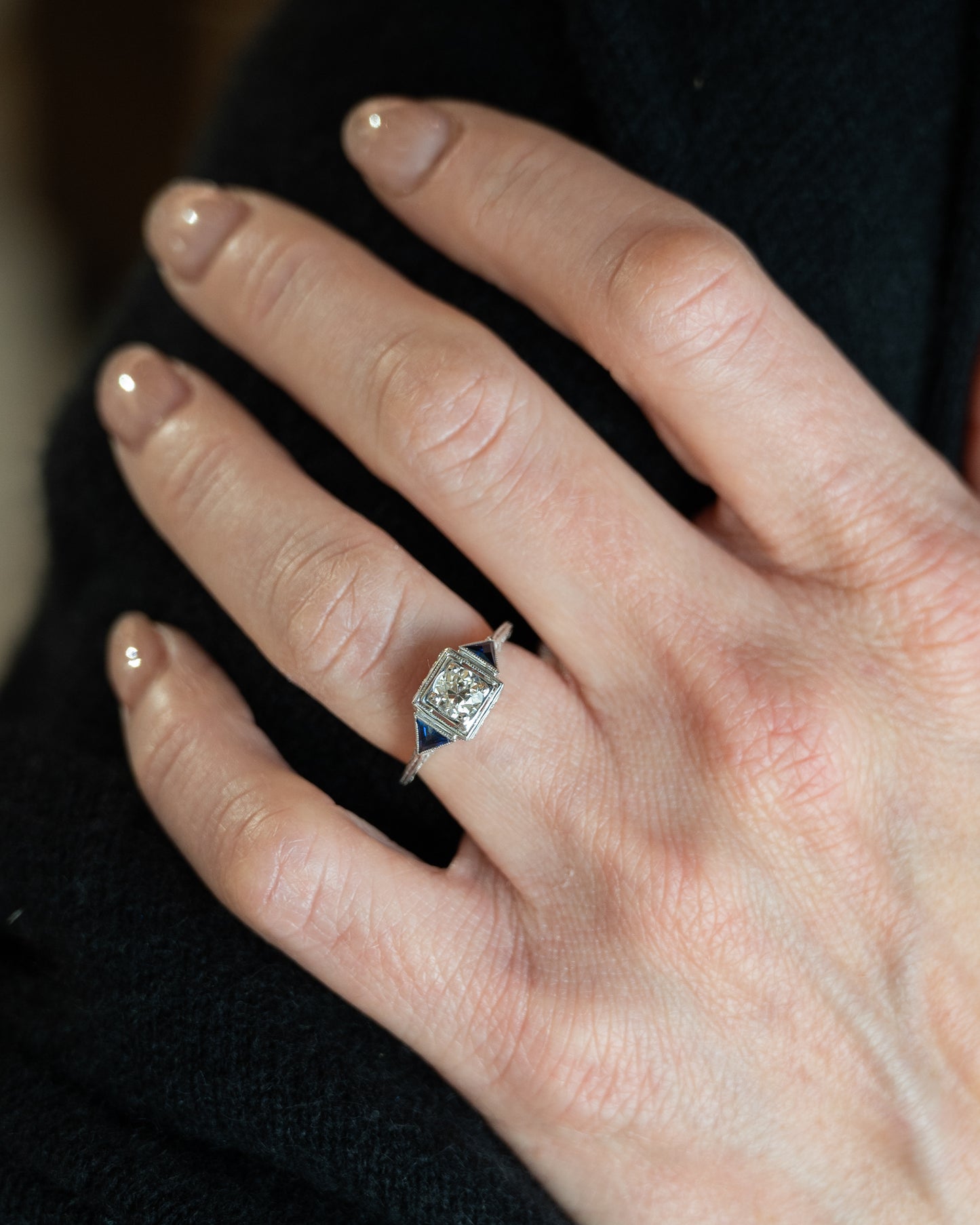 .55 Antique Diamond & Sapphire Engagement Ring 18k