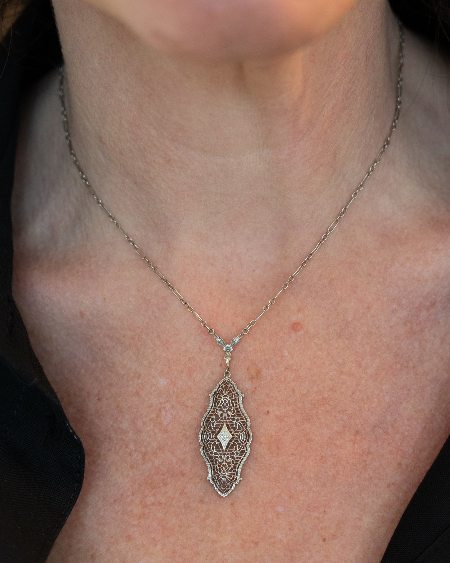 .01 Antique Deco Diamond Filigree Pendant in 10k