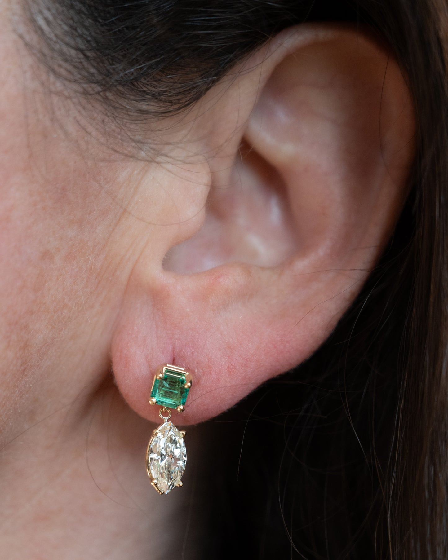 3.02 Marquise & Emerald Drop Earrings in 14k Yellow Gold