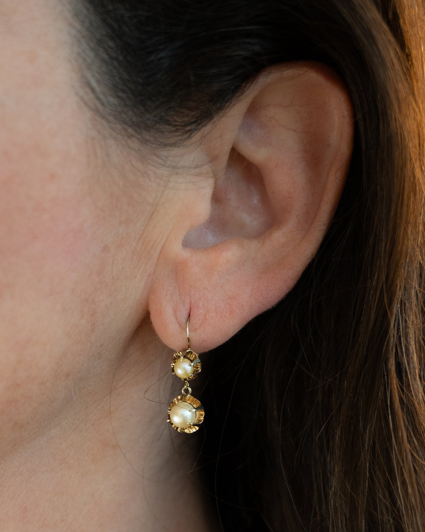 Antique Victorian Pearl Drop Earrings in 14k Yellow Gold