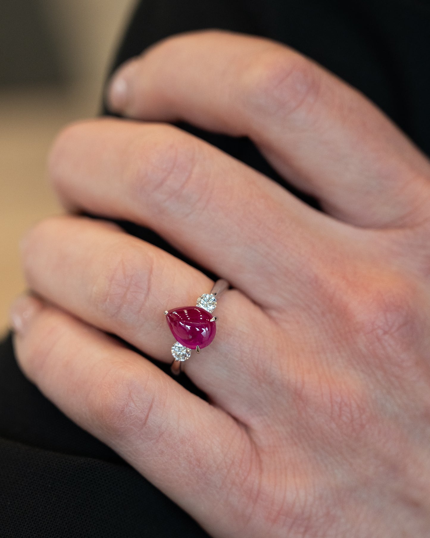 2.94 Cabochon Ruby & Diamond Cocktail Ring Platinum
