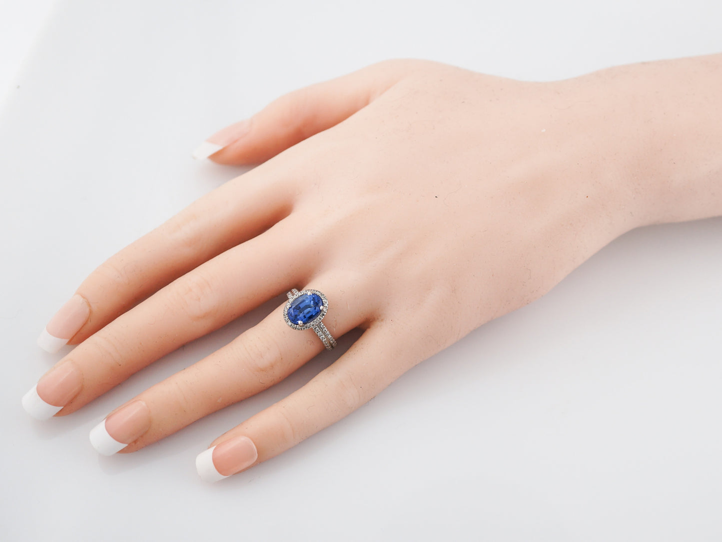 Modern Right Hand Ring 2.56 Oval Cut Halo Tanzanite & Micro Pave Round Diamonds in Platinum
