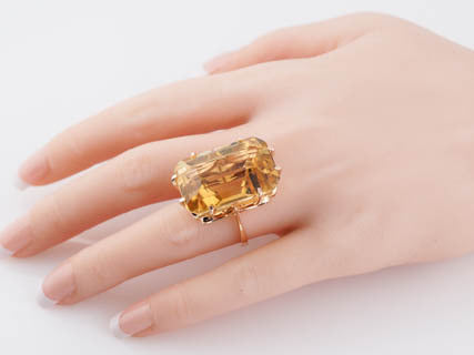 Vintage Mid-Century 41.97ct Emerald Cut Citrine Ring in 18k Yellow Gold