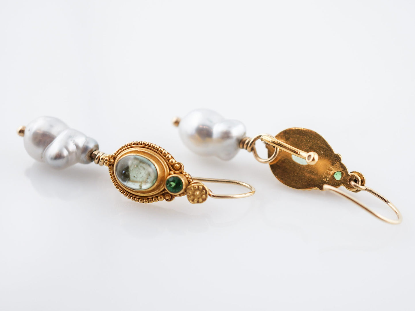 Vintage Earrings Mid-Century Tourmaline & Pearl in 22k Yellow Gold