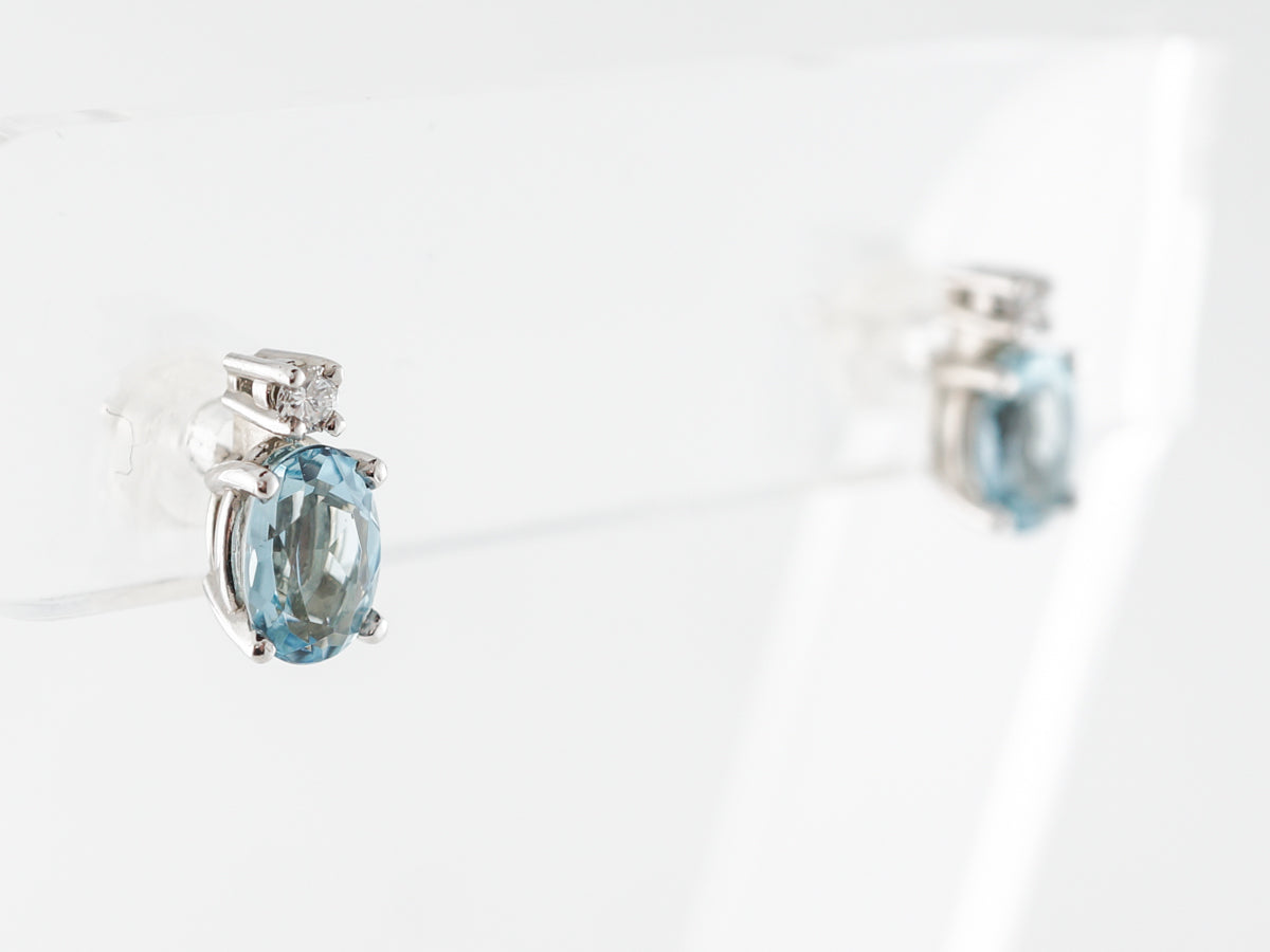 Oval Aquamarine Earring Studs w/ Diamonds in White Gold