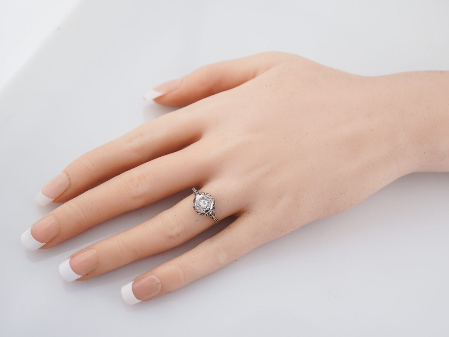 Antique Engagement Ring Art Deco .15 Old European Cut Diamond in 14k White Gold