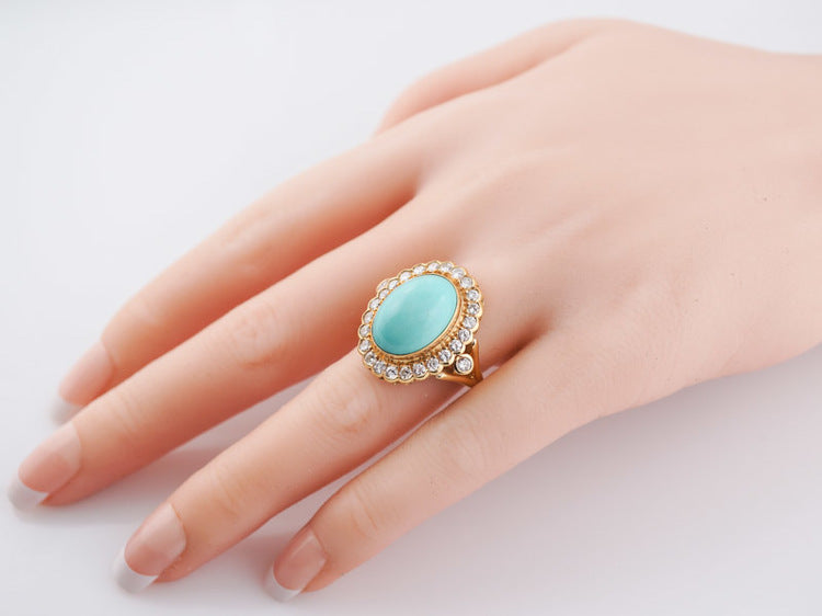Vintage Right Hand Ring Mid-Century 6.55ct Cabochon Cut Turquoise and Diamond in 18k Yellow Gold