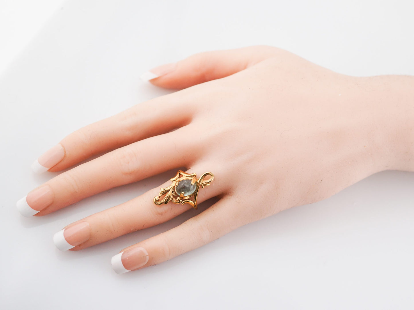 Antique Right Hand Ring Art Nouveau 2.68 Cabochon Cut Green Tourmaline in 14k Yellow Gold
