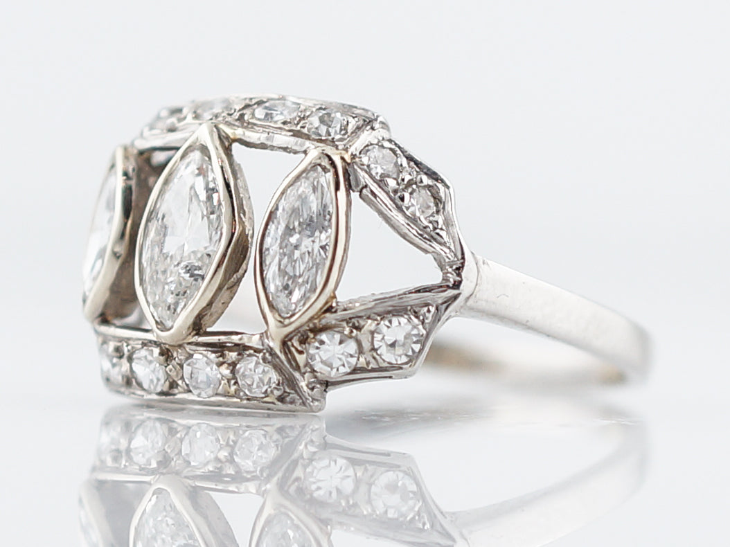Antique Right Hand Ring Art Deco 1.11 Marquis & Single Cut Diamonds in Platinum