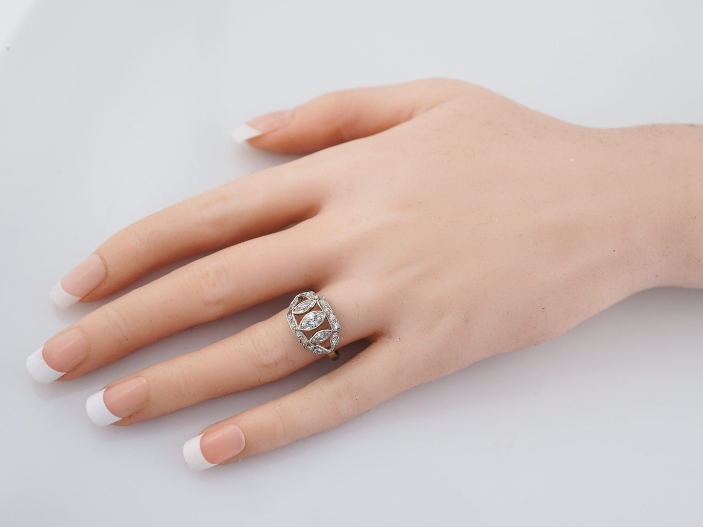 Antique Right Hand Ring Art Deco 1.11 Marquis & Single Cut Diamonds in Platinum