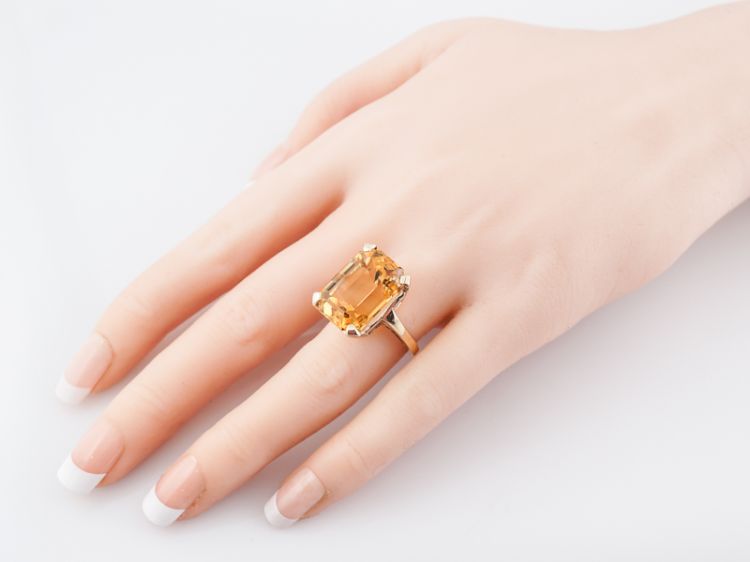 Vintage Cocktail Ring Mid-Century 15.42 Emerald Cut Citrine in 14k Yellow Gold