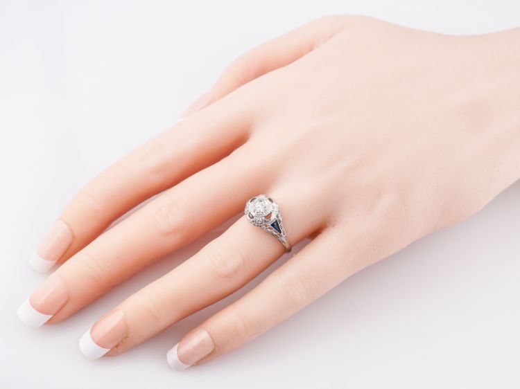 Antique Engagement Ring Art Deco .20 Transitional Cut Diamond in 18k White Gold