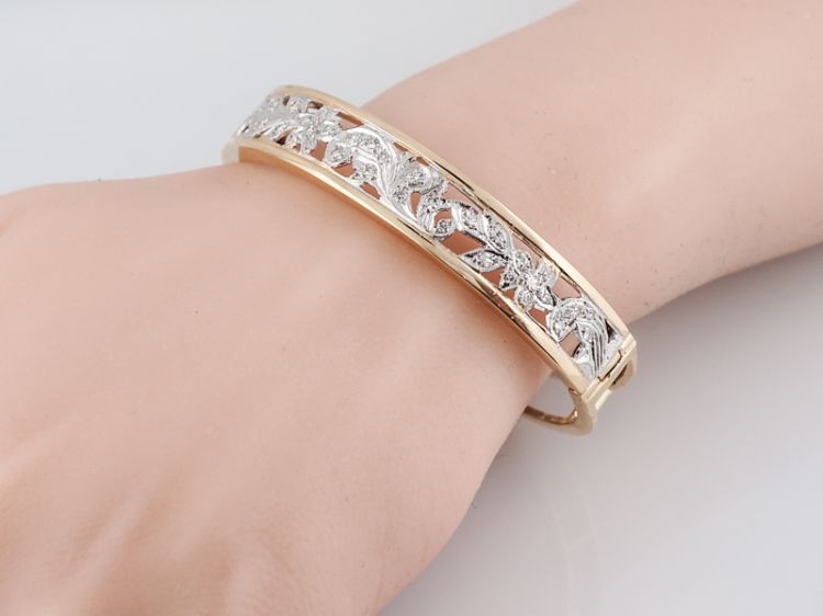Vintage Bangle Bracelet Retro Two Tone 1.05 Single Cut Diamonds in 14k Yellow & White Gold