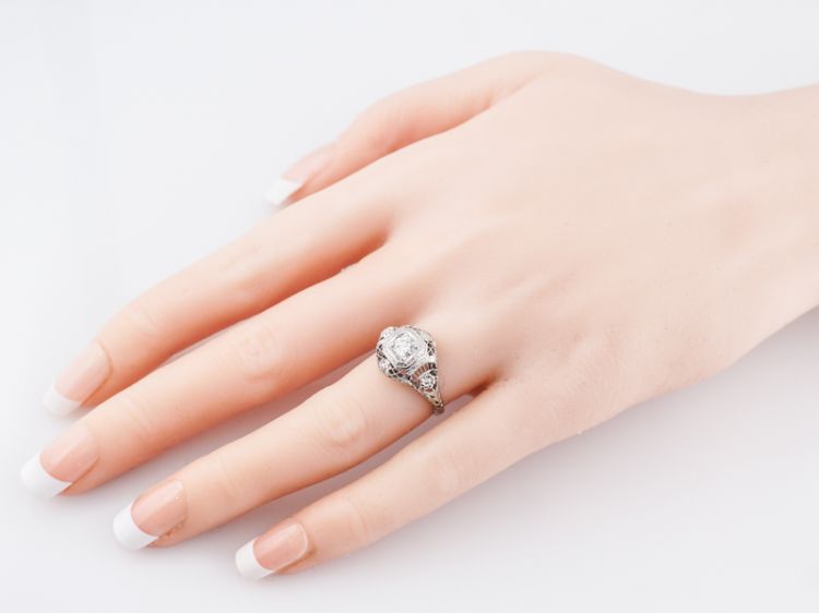 Antique Engagement Ring Art Deco .30 Round Brilliant Cut Diamond in 18k White Gold