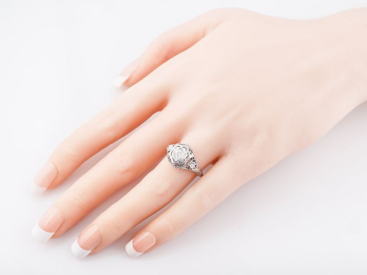 Floral Diamond Engagement Ring Art Deco Filigree in 18k