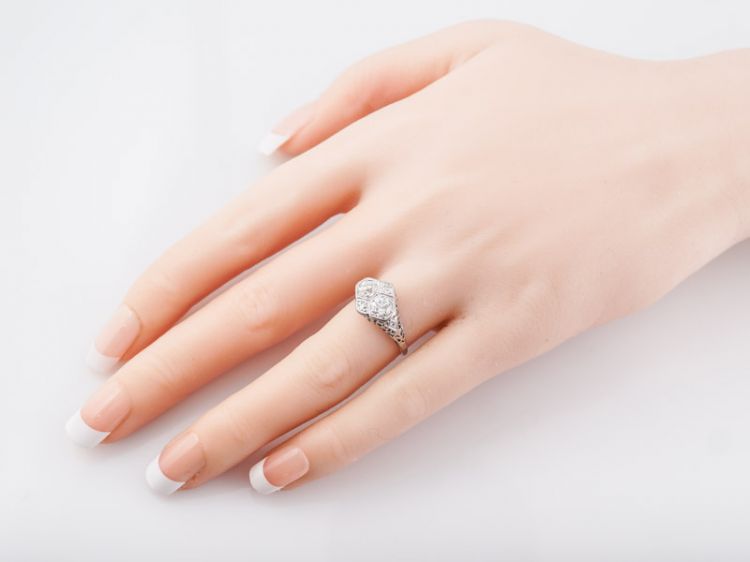 Antique Right Hand Ring Art Deco .70 Old Mine Cut Diamonds in 18k White Gold