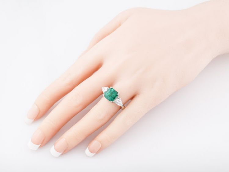 Three Stone Emerald & Diamond Engagement Ring in 18k