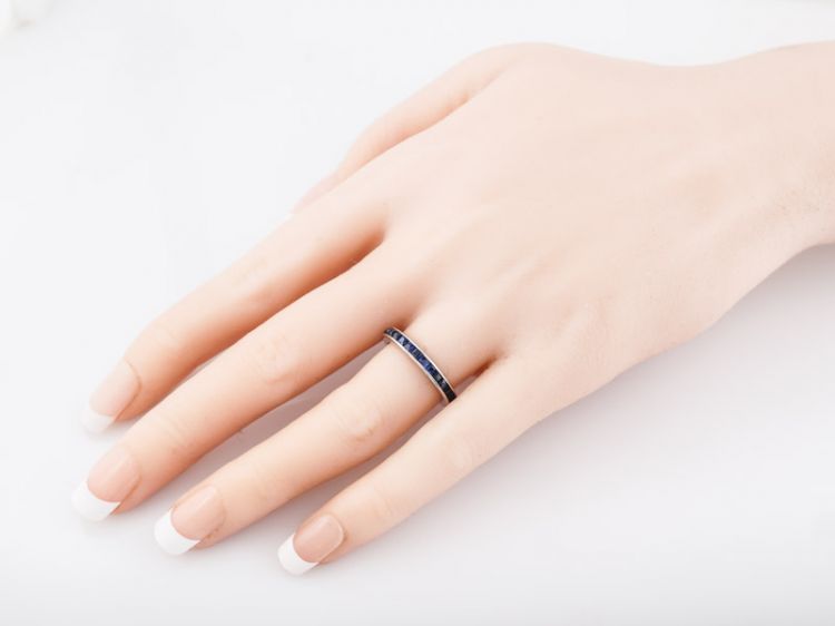 Antique Wedding Band 1.20 Square Step & French Cut Sapphire in 14k White Gold