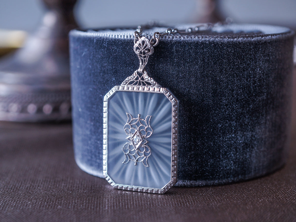 1920's Filigree Necklace w/ Diamond & Glass Camphor in 14k