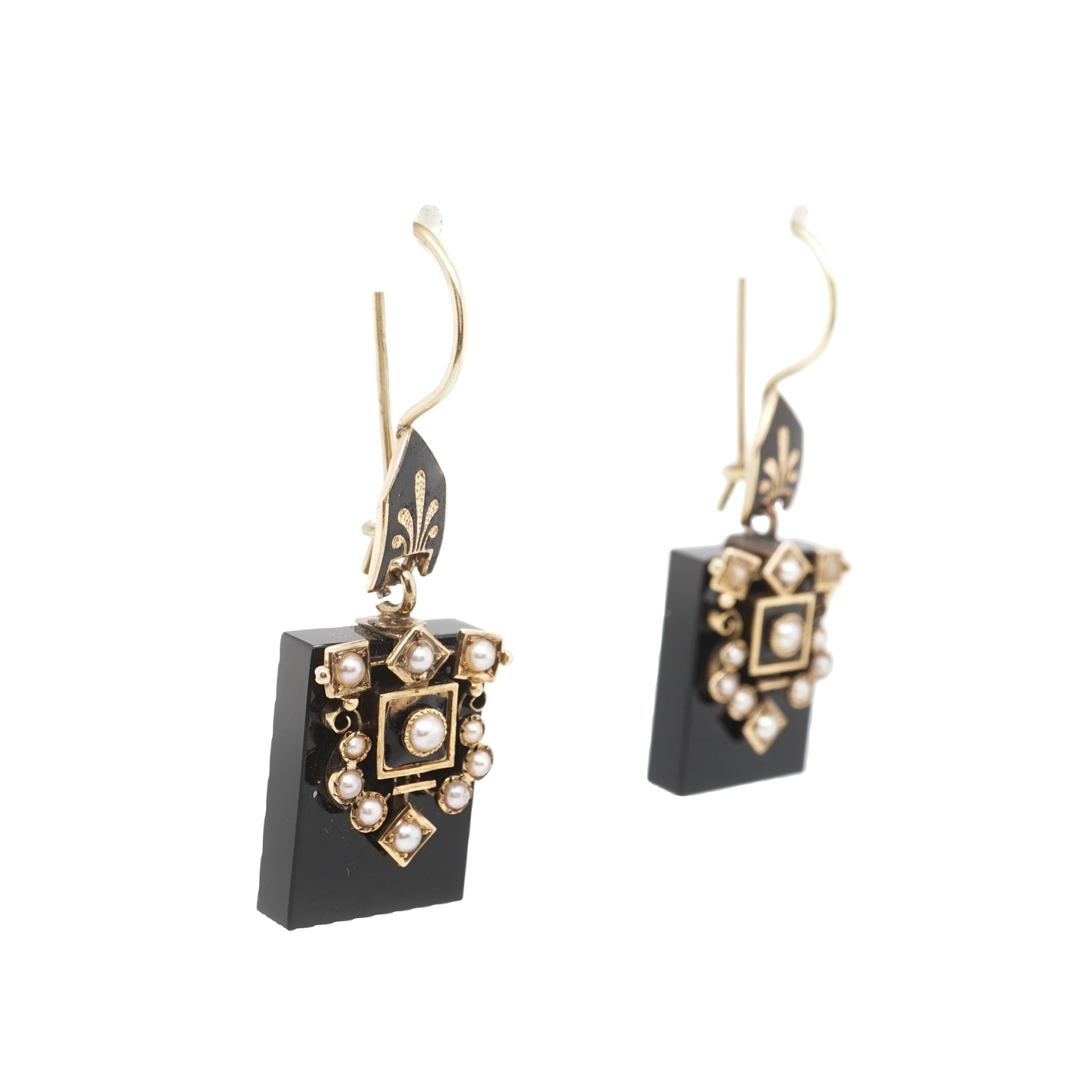 Victorian Onyx & Pearl Earrings in 14k Yellow Gold