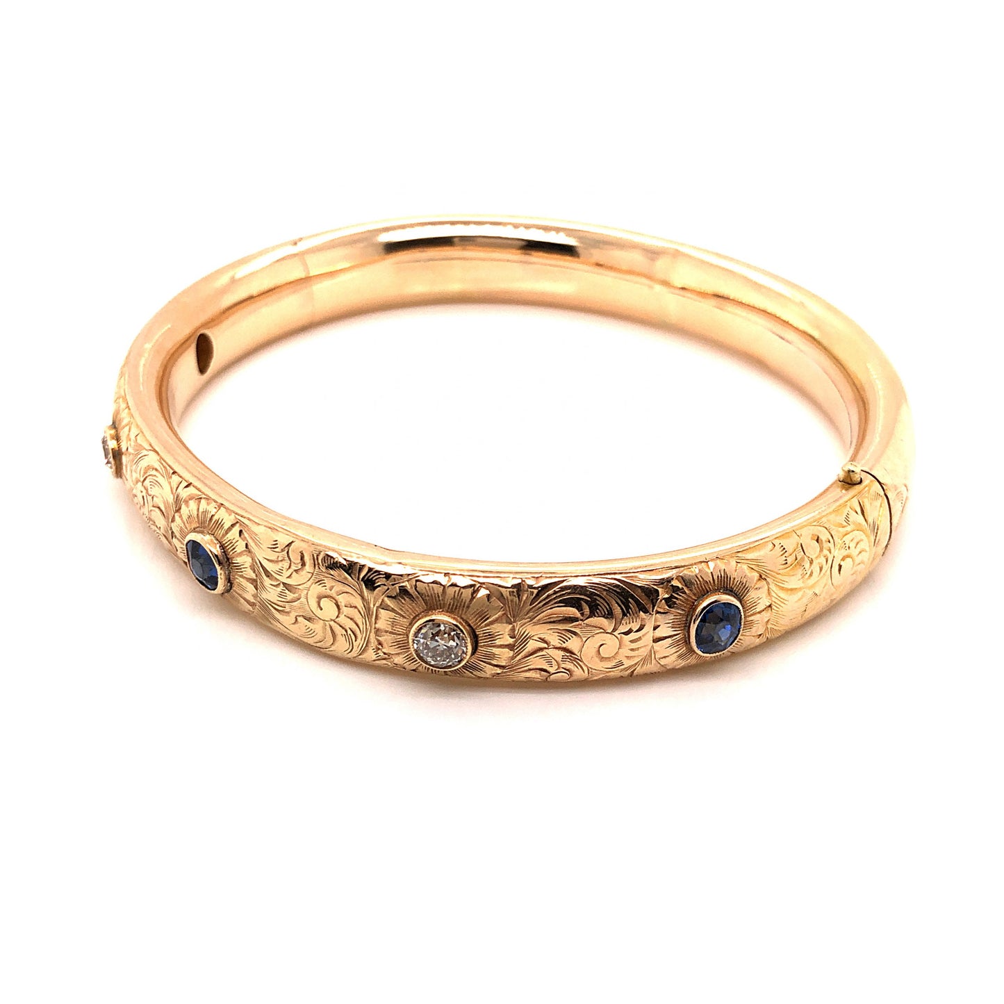 Victorian Diamond & Sapphire Bangle Bracelet in 14k Yellow Gold