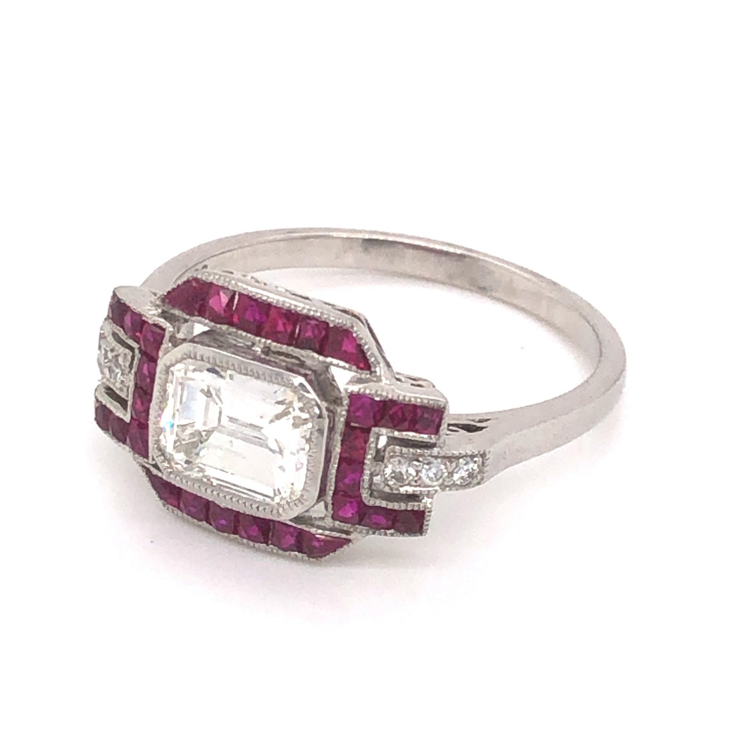 1.32 Emerald Cut Diamond & Ruby Ring in Platinum