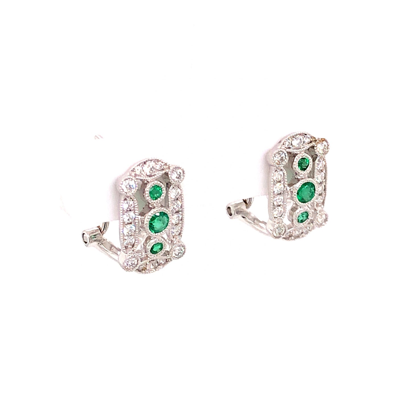 Round Cut Emerald and Diamond Stud Earrings in 18k White Gold