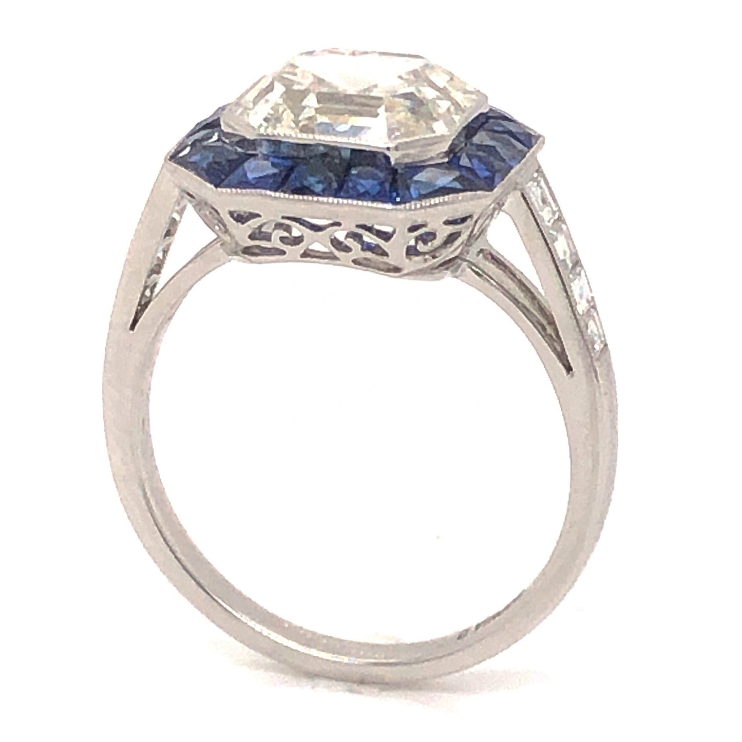 3.37 Asscher Cut Diamond & Sapphire Ring in Platinum
