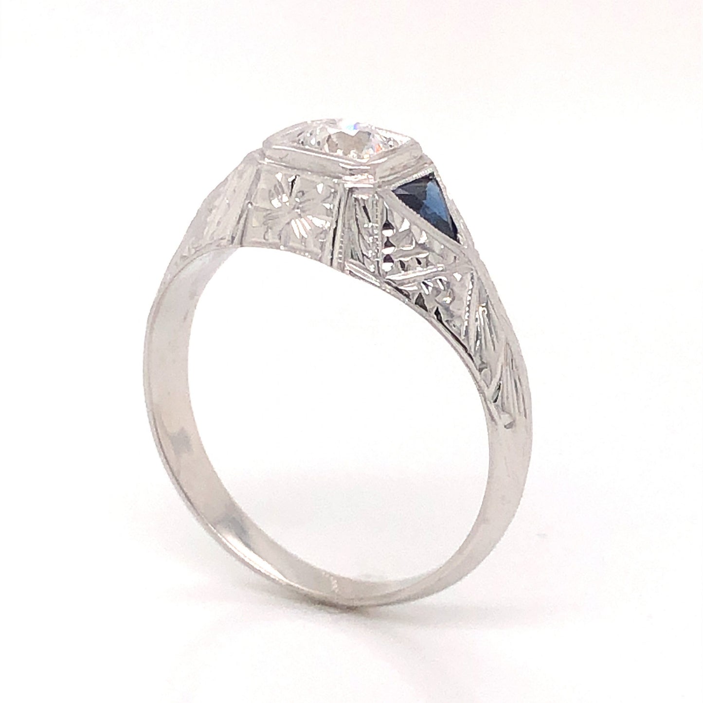 Art Deco Men's Diamond & Sapphire Ring in 18k White Gold