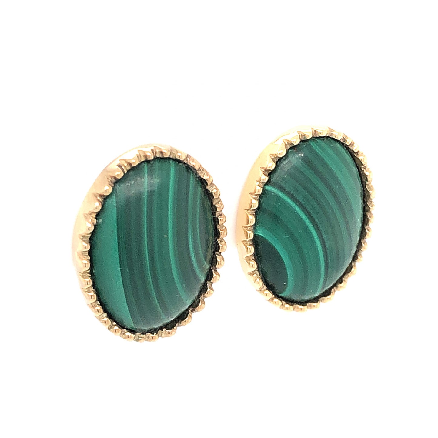 Oval Cut Cabochon Malachite Earrings in 14k Yellow Gold