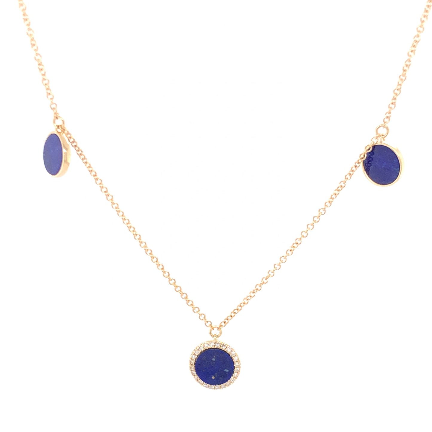 Round Cut Lapis Lazuli & Diamond Necklace in 14k Yellow Gold