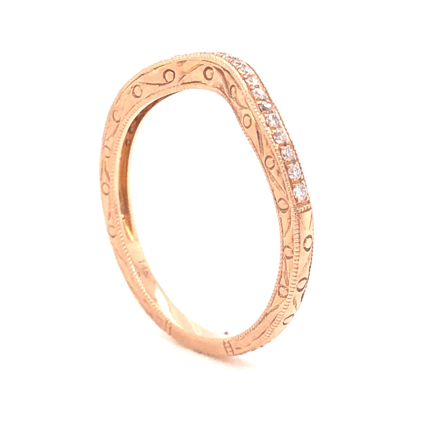 .11 Engraved Curved Diamond Wedding Band in 14k Rose Gold
