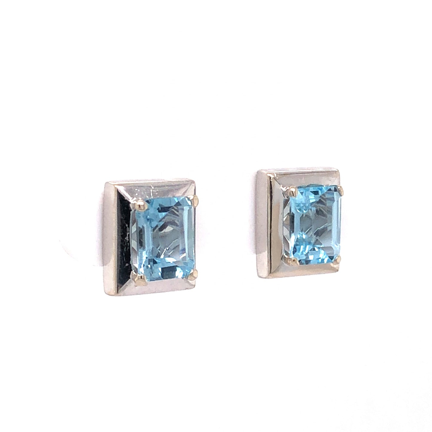 Emerald Cut Aquamarine Stud Earrings in 14k White Gold