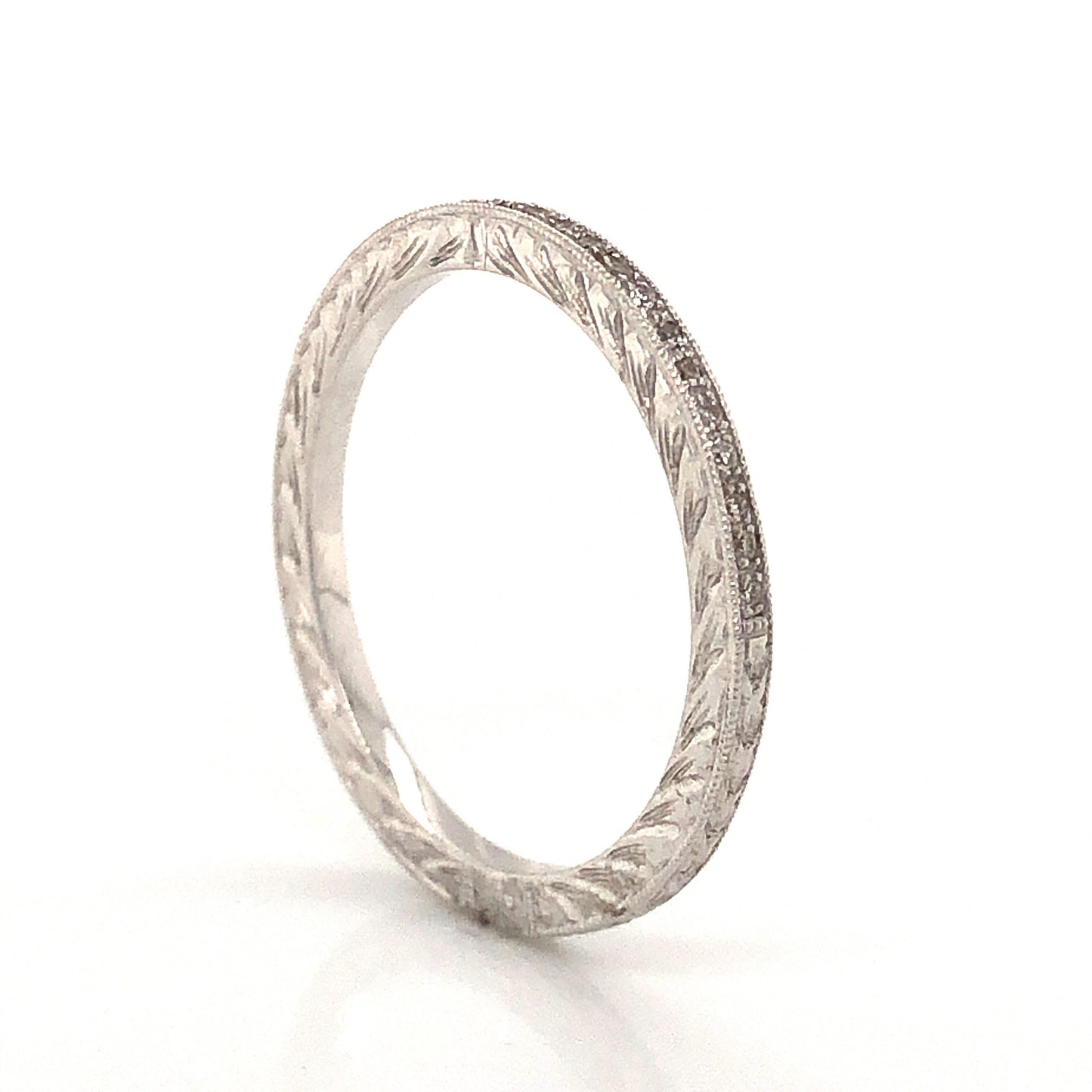 Engraved Vintage Inspired Diamond Wedding Band in 18k White Gold