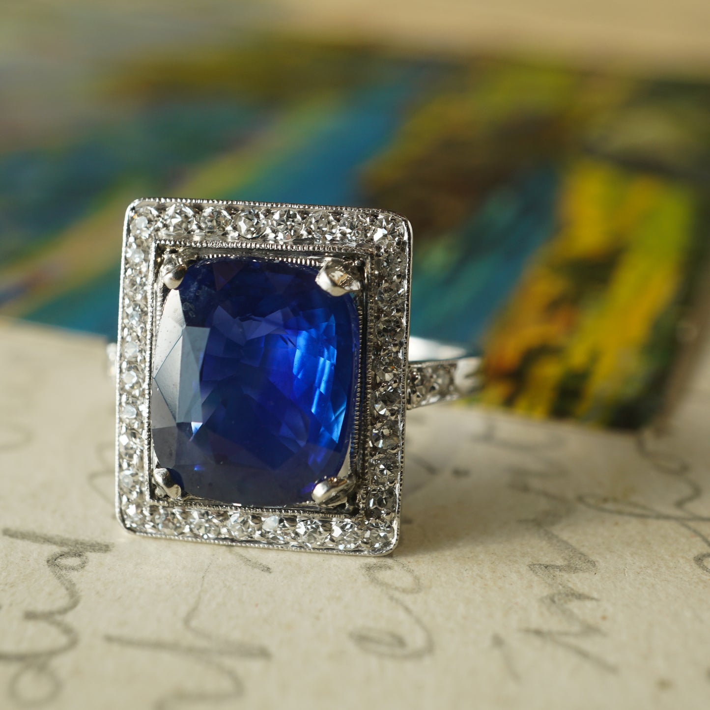 Art Deco Cushion Cut Sapphire & Diamond Cocktail Ring in Platinum