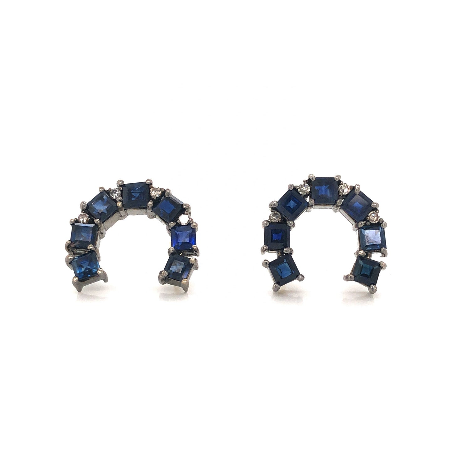 Curved Sapphire & Diamond Stud Earrings in Sterling Silver