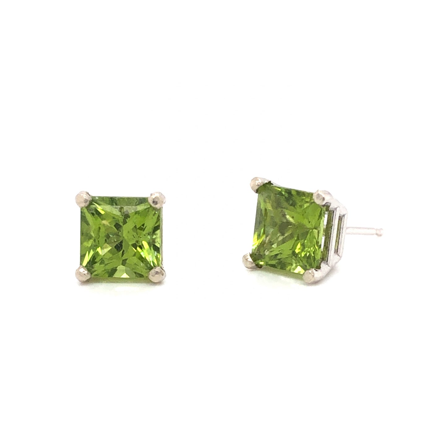 Princess Cut Peridot Stud Earrings in 14k White Gold
