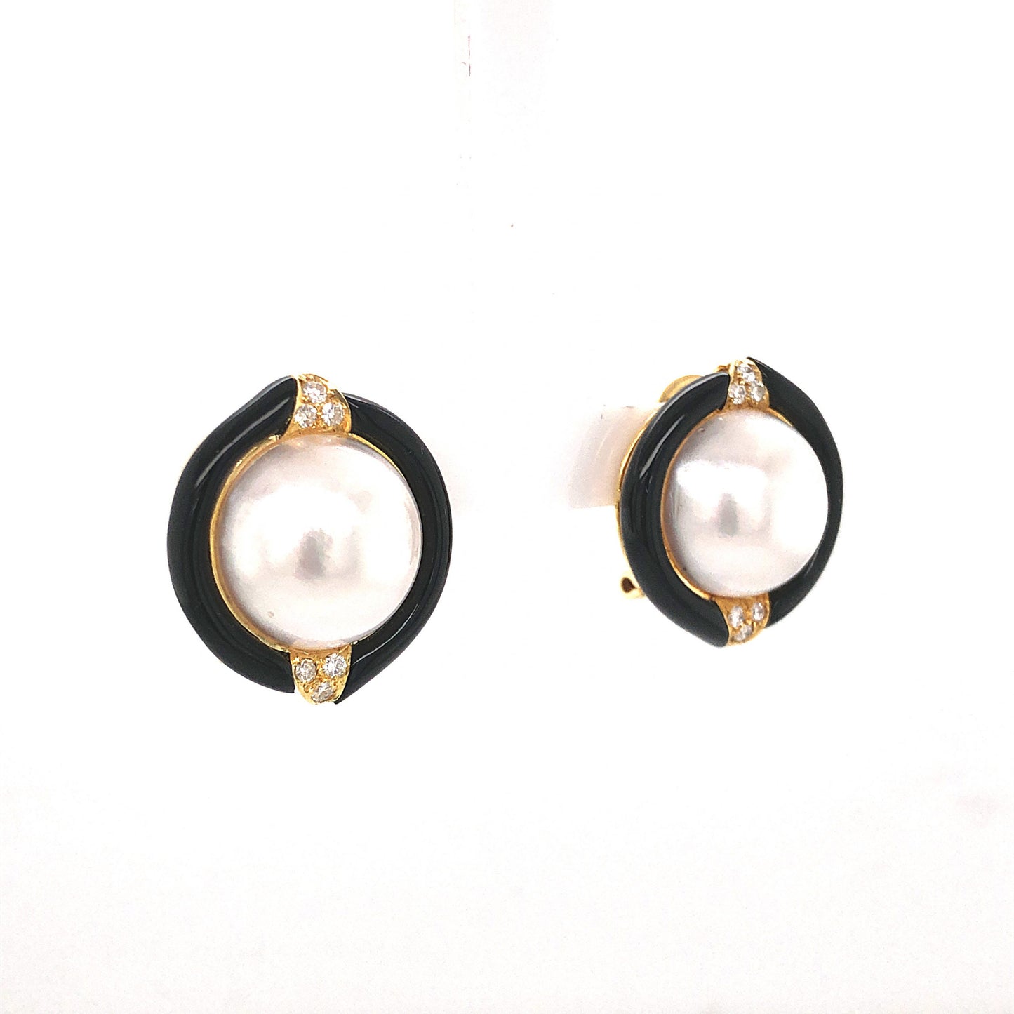 Pearl & Onyx Earrings w/ Diamonds in 18k Yellow Gold