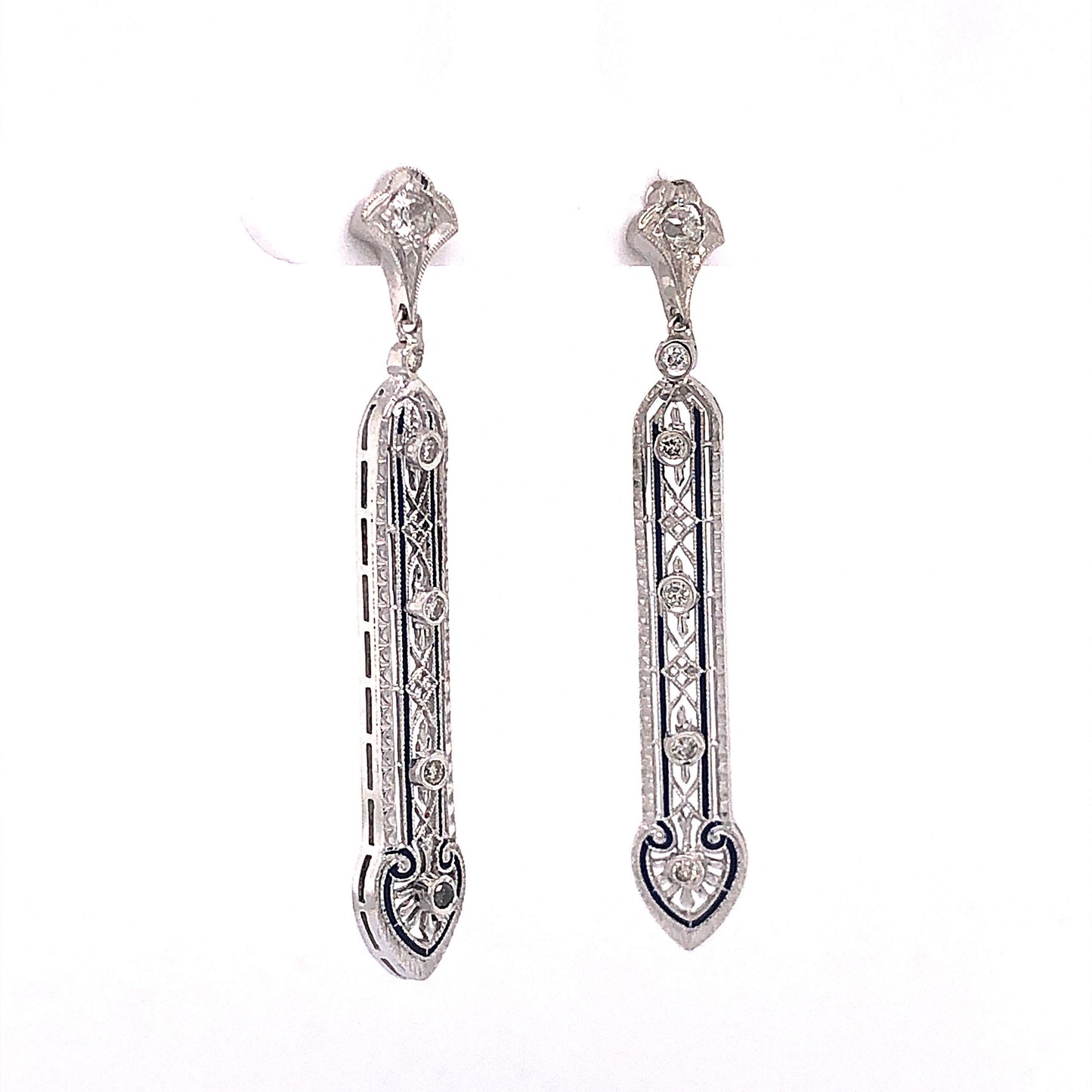.20 Art Deco Filigree Diamond Drop Earrings in Platinum