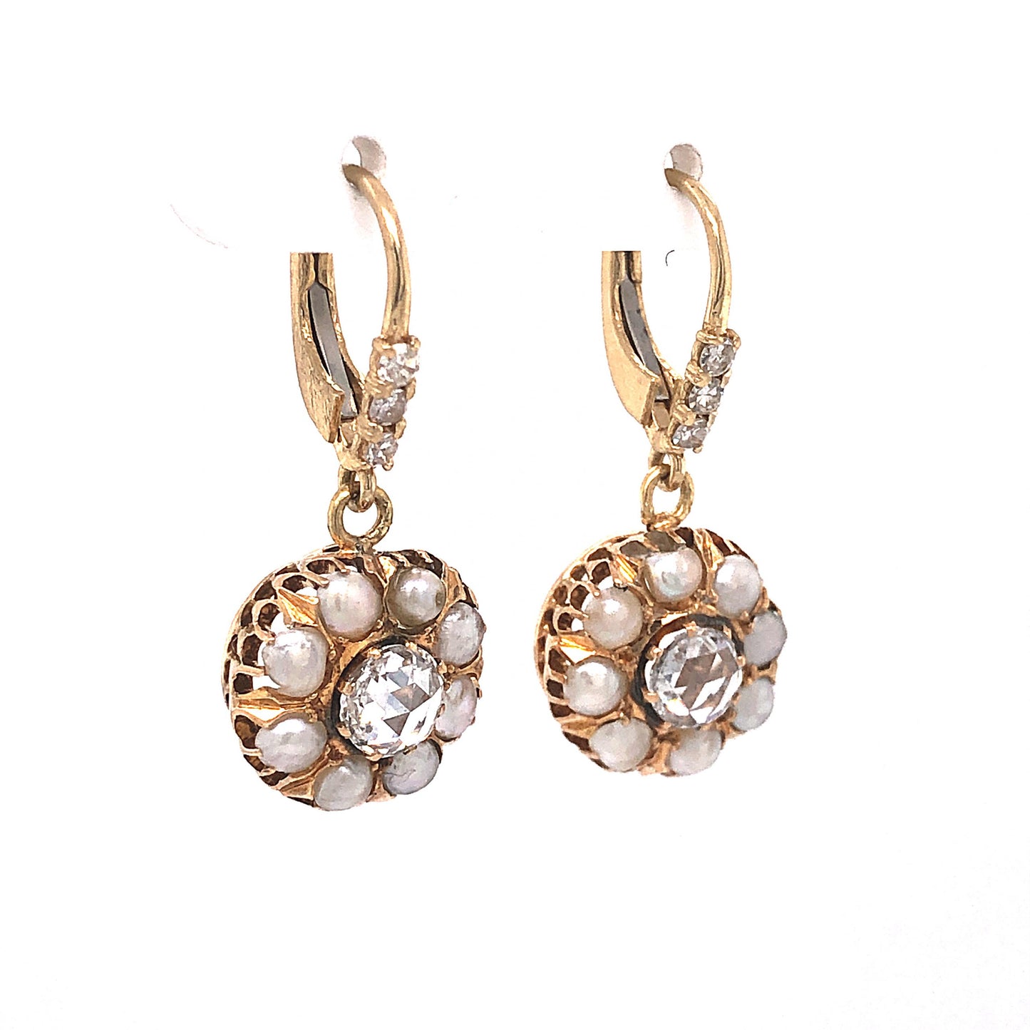 Victorian Pearl Halo Diamond Drop Earrings in 14k Yellow Gold