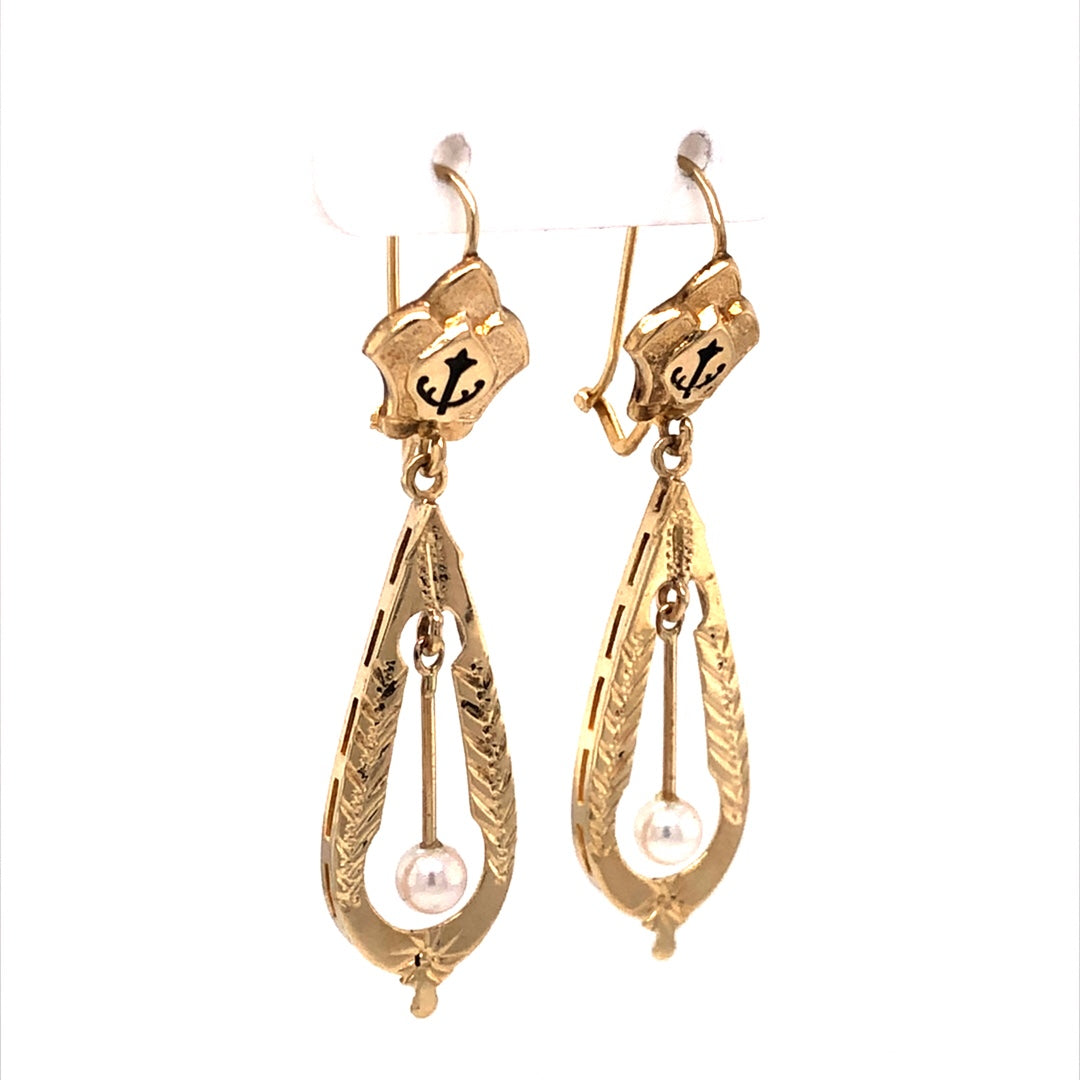 Victorian Pearl Drop Earrings in 14k Yellow Gold