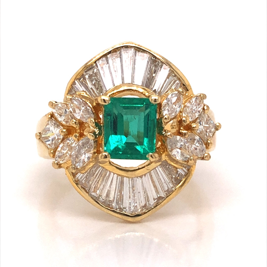 Diamond Emerald Ballerina Cocktail Ring in 18k Yellow Gold
