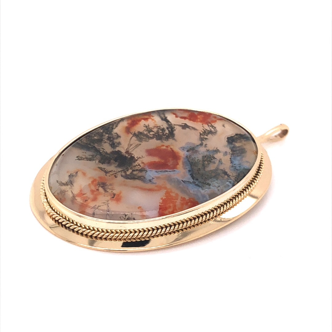 Antique Victorian Moss Agate Pendant in 14k Yellow Gold