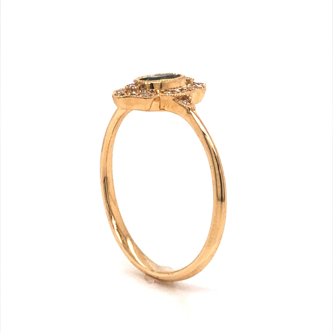 Antique Inspired Oval Emerald & Diamond Ring in 18k Yellow Gold