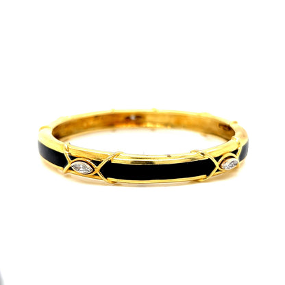 Diamond & Black Enamel Bangle Bracelet in 18k Yellow Gold