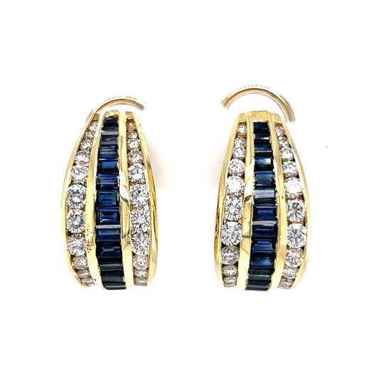 Elegant Sapphire & Diamond Hoop Earrings in 18k Yellow Gold