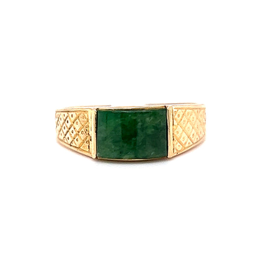 Mid-Century Engraved Jade Ring in 14k Yellow Gold